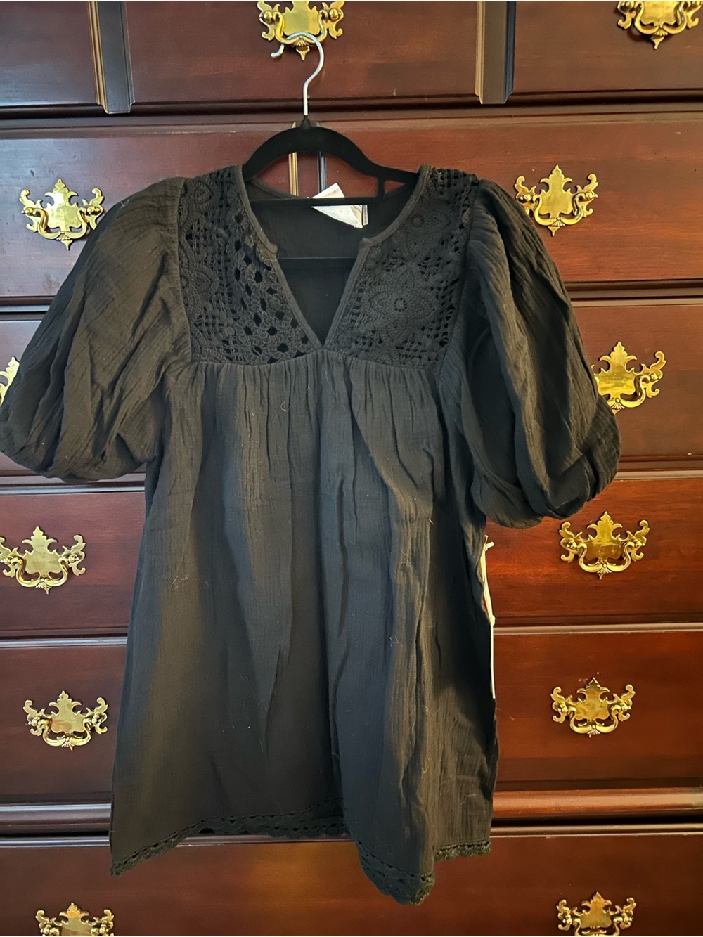 Tuckernuck Black Crochet-Yoke Puff Sleeve Mini Dress